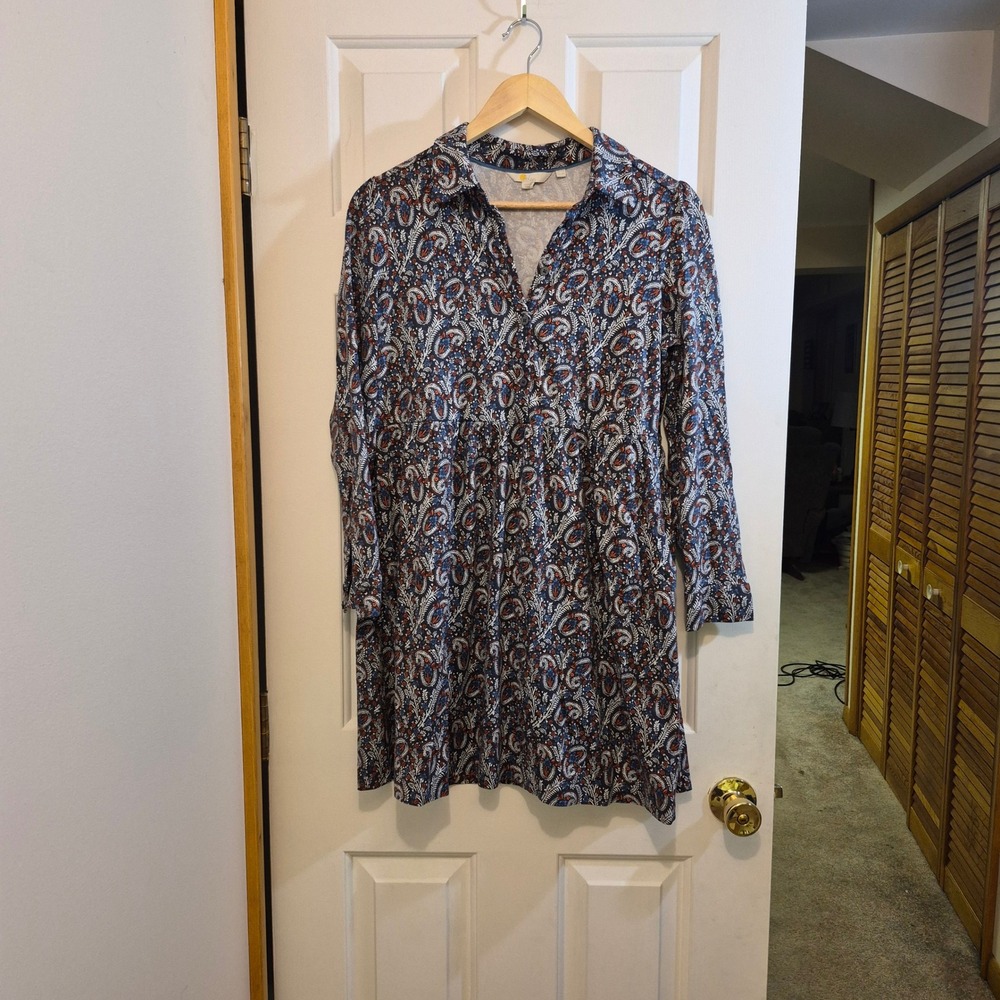 Boden Womens Navy Blue Paisley Jersey Shirt Dress Long Sleeve Empire Waist US 8R